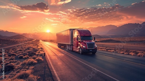 Massive Truck Traversing Scenic Desert Highway at Breathtaking Sunset