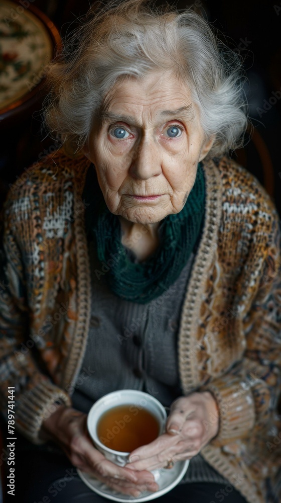 An older woman holding a cup of tea and looking down. Generative AI. An older woman holding a cup of tea and looking down. Generative AI.