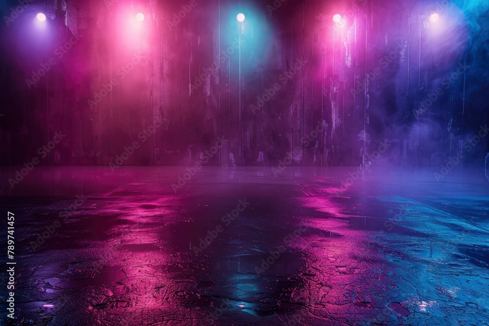 Wet asphalt, night view, neon reflection on the concrete floor. Night empty stage, studio. Dark abstract background. Product Showcase Spotlight Background - generative ai Wet asphalt, night view, neon reflection on the concrete floor. Night empty stage, studio. Dark abstract background. Product Showcase Spotlight Background - generative ai