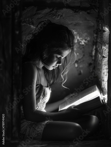 A girl reading a book in the dark. Generative AI.