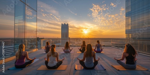 A group of women doing yoga on a rooftop at sunset. Generative AI.