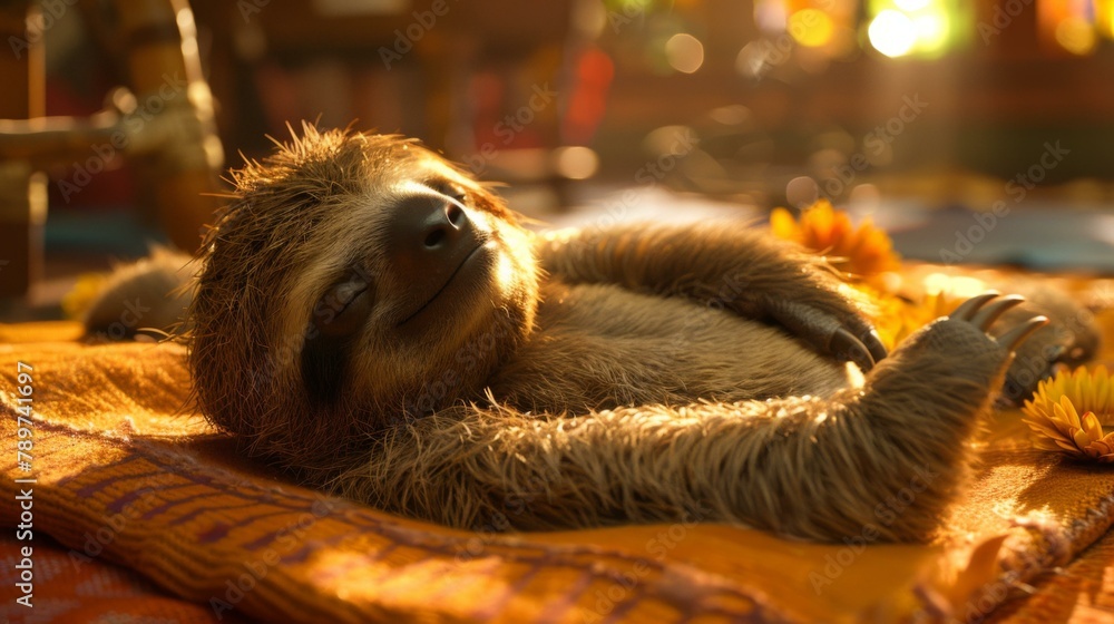 Fototapeta premium A sloth is laying on a blanket with yellow flowers. Generative AI.