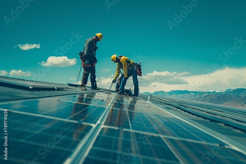 Worker installing solar panels. Renewable energy