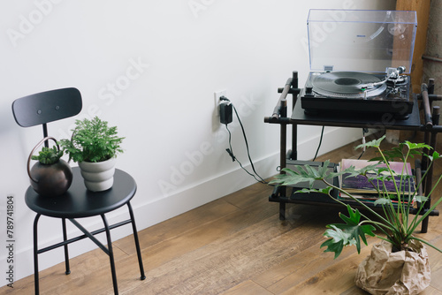 Record player in a stylish LA loft with plants. photo