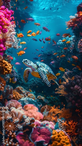 A turtle swimming among colorful coral reefs in the ocean. Generative AI.