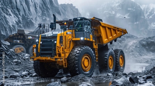 Powerful Heavy Duty Mining Truck Navigating Rugged Mountain Terrain in Inclement Weather Conditions