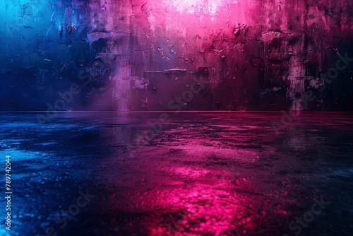 Wet asphalt, night view, neon reflection on the concrete floor. Night empty stage, studio. Dark abstract background. Product Showcase Spotlight Background - generative ai