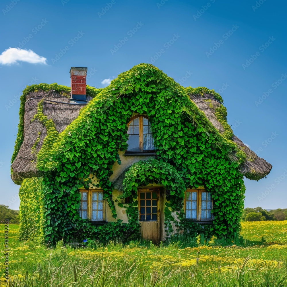 A house covered in ivy sits on a field of grass. Generative AI.