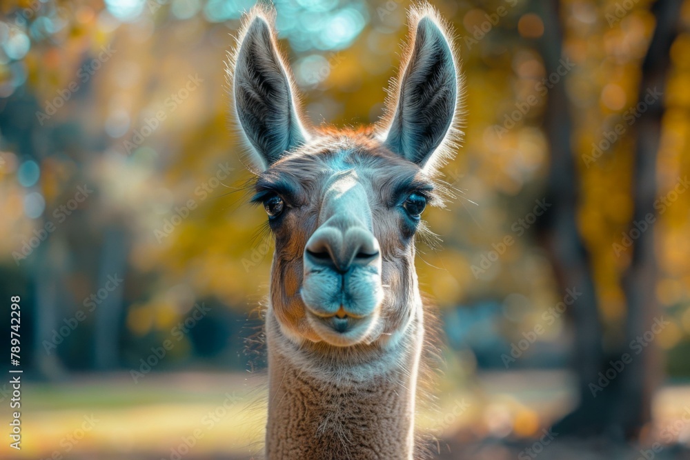 Obraz premium A close up of a llama looking at the camera with trees in background. Generative AI.