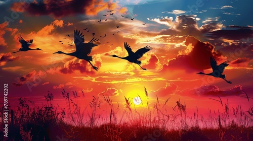 A dramatic scene of whooping cranes flying at dusk, silhouetted against a vibrant sunset, symbolizing the fragile hope of their endangered journey