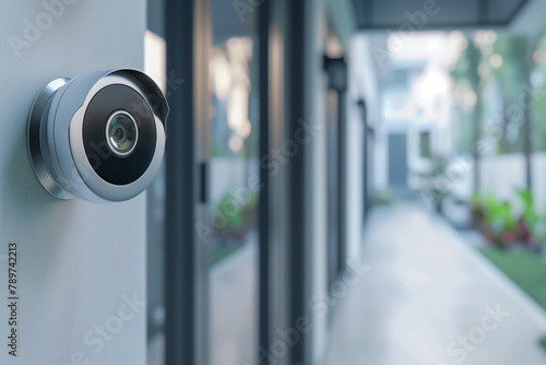 Close-up of a contemporary doorbell camera on a modern home entrance, Concept of smart home security and surveillance technology. photo