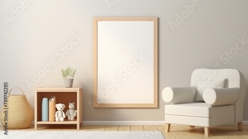 Children room interior with chair and blank picture frame on wall. © Alpa