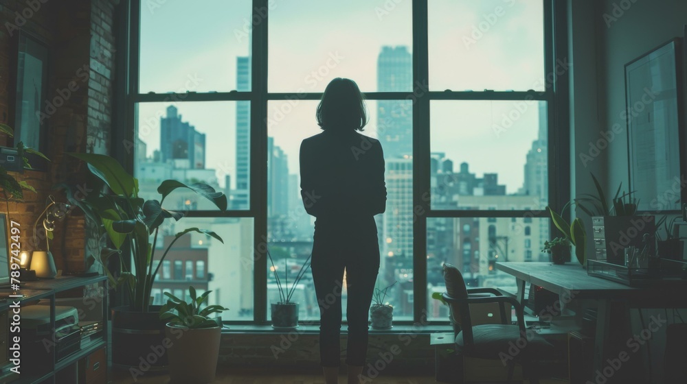 A person standing in front of a window looking out at the city. Generative AI. A person standing in front of a window looking out at the city. Generative AI.
