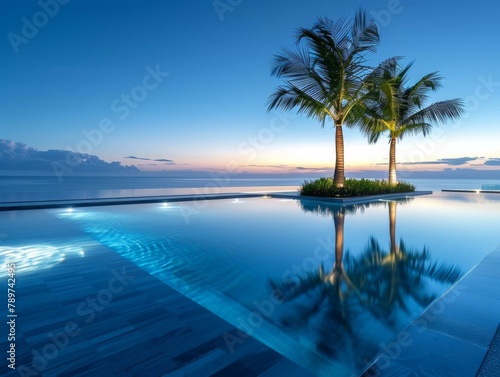 A pool with two palm trees in the middle of it. Generative AI.