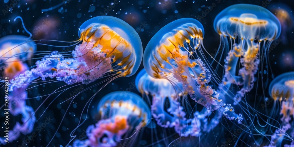 Stunning group of five orange jellyfish gliding through deep blue ocean, evoking marine life wonders and underwater ecosystem exploration.