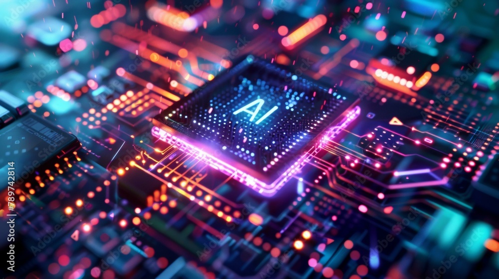 Vibrant AI microchip with vivid blue and pink lights on complex circuit board, symbolizing technological advancement and innovation in computing. Vibrant AI microchip with vivid blue and pink lights on complex circuit board, symbolizing technological advancement and innovation in computing.