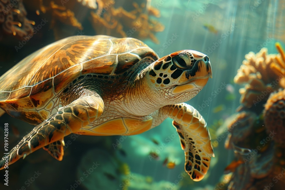 A turtle swimming in a large body of water with coral reef. Generative AI. A turtle swimming in a large body of water with coral reef. Generative AI.