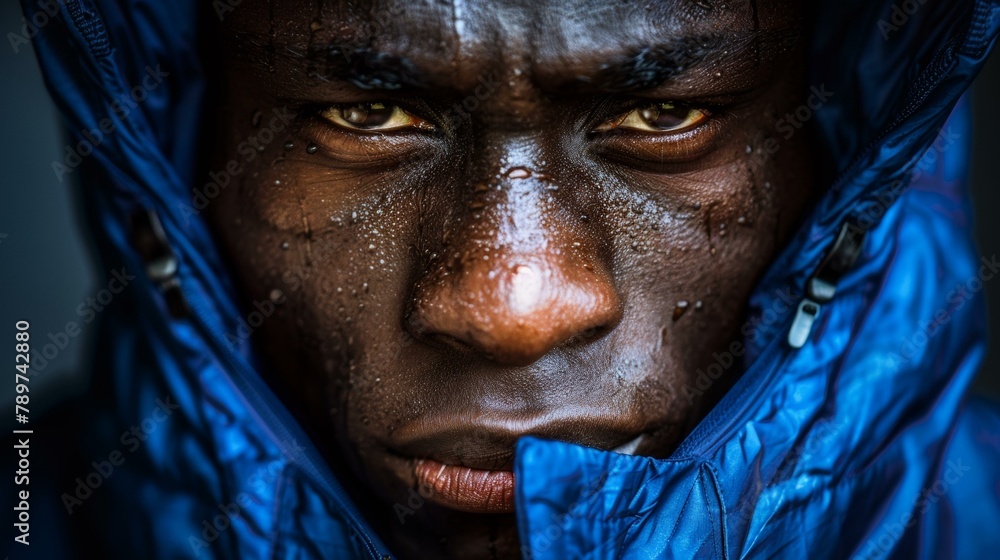 Intense close-up portrait of determined man in blue hooded jacket, focusing with raindrops on face, conveying strength and resilience. Intense close-up portrait of determined man in blue hooded jacket, focusing with raindrops on face, conveying strength and resilience.