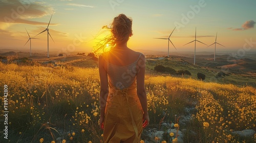 Beautiful woman admires sunset among wind turbines in vibrant golden field, symbolizing renewable energy and environmental conservation.
