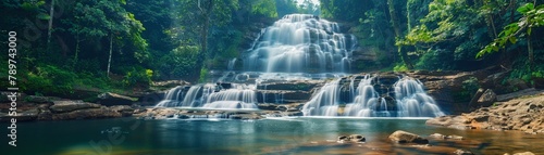 Nam Tok waterfall, hidden oasis in a retro travel poster, exotic and inviting photo