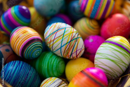 Decorative Easter Eggs in Basket for Holiday Celebration 