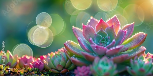 A close up of a succulent plant with blurry bokeh. Generative AI. photo