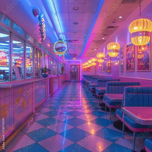 Retro diner serving Massaman Curry, neon lights, and classic 50s vibes, a culinary time travel photo