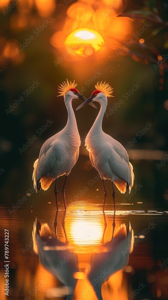 Naklejka premium Two white birds standing in water with their heads touching. Generative AI.