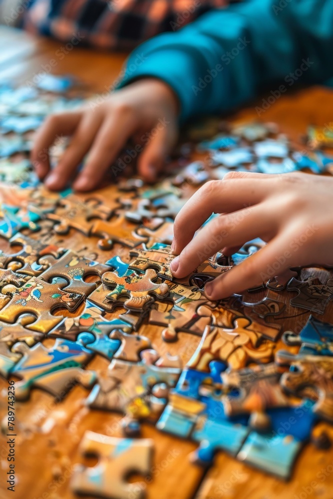 A child's hands are on a jigsaw puzzle piece. Generative AI. A child's hands are on a jigsaw puzzle piece. Generative AI.