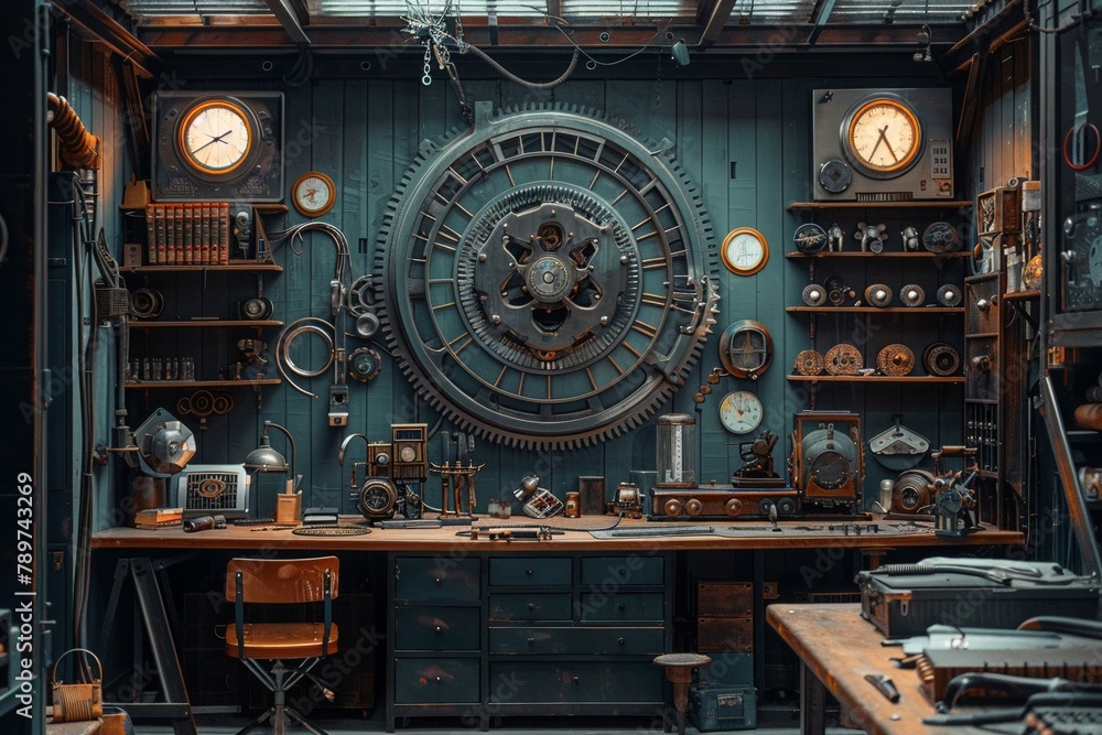 Constructing a dream in a retro futuristic workshop, gears and imagination, twilight zone Constructing a dream in a retro futuristic workshop, gears and imagination, twilight zone