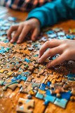 A child's hands are on a jigsaw puzzle piece. Generative AI.