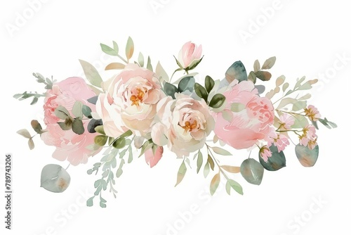 watercolor floral bouquet with pink roses peonies and eucalyptus perfect for wedding stationery soft pastel colors © Lucija