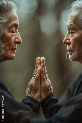 Two elderly people are making a cross with their hands. Generative AI. © serg3d