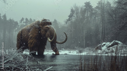 A large woolly mammoth walking across a frozen river in the snow. Generative AI. photo