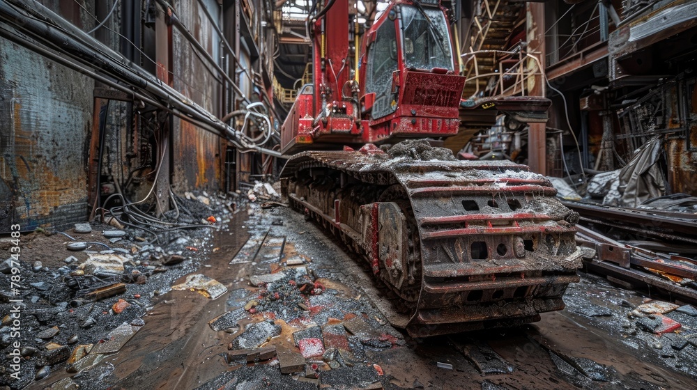 Powerful Scraper Navigating Debris Laden Abandoned Urban Landscape