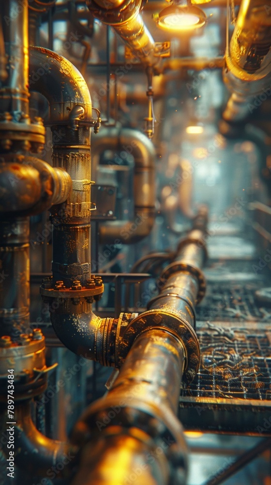 A close up of a pipe system with pipes and valves. Generative AI.