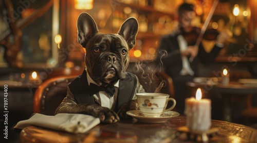 A dog in a tuxedo sitting at the table with a cup of coffee. Generative AI.