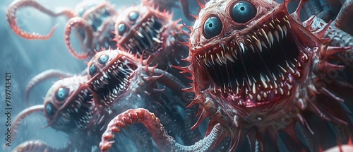 Render a surreal note comprised of eyes and teeth into a tangible, detailed horror concept art