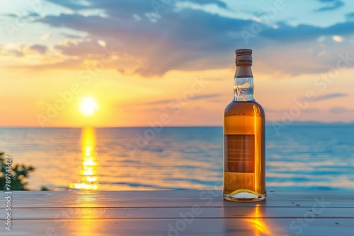 whisky bottle on beach table sea and sunset in background relaxing tropical vacation