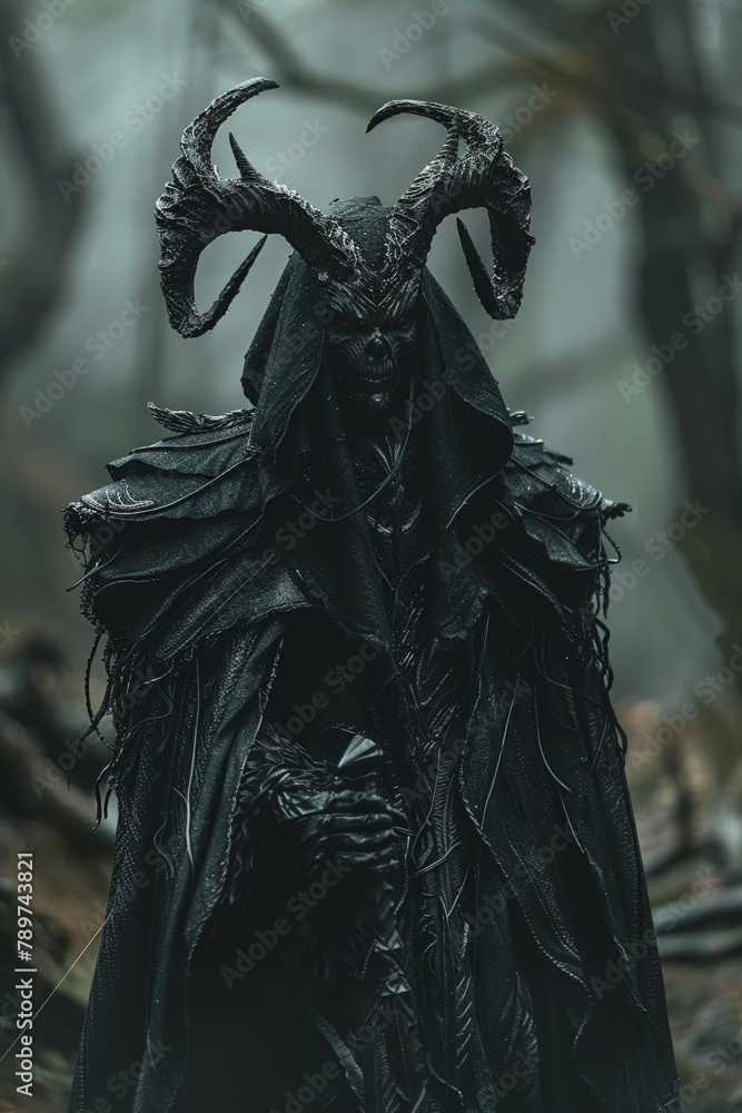 Fototapeta premium Specter No nose, Mace, Warfare for Wisdom, Creepy Stare, Maleficent Marsh, Gloomy night, Intimidate, Supernatural, Medium shot, Dark Vibrant Colors