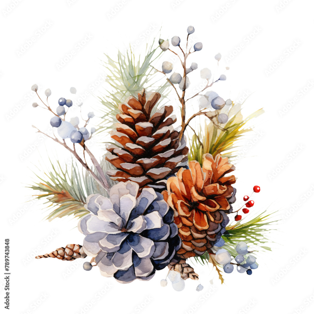 An artistic representation of pinecones amidst vibrant greenery and delicate berries, painted in watercolors