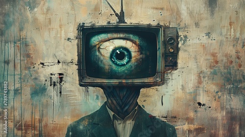 Surreal anatomy with a television head broadcasting an allseeing eye, symbolizing media influence on humanity photo