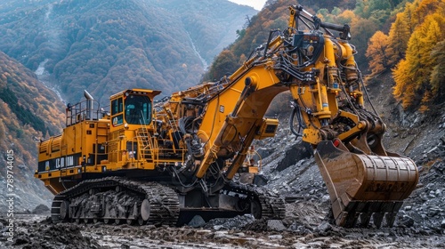 Powerful Dragline Excavator Navigating Rugged Autumn Landscape for Resource Extraction photo