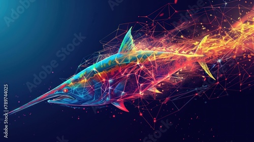 Fish, tuna, marlin jumping out, from futuristic polygonal red lines and glowing stars for banner, poster, greeting card. AI generated