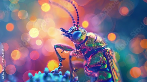 Surreal image of an engineered insect, blending organic and bulb elements, in crisp, museumquality detail, colorful blurred background powerpoint © thowithun