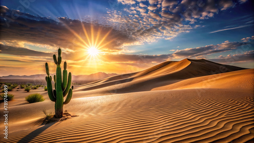 Sunset landscape in the desert, big cactus, wallpaper design. Generative ai photo