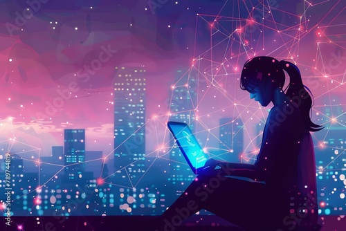 woman using laptop global internet network connection with cityscape digital transformation concept illustration