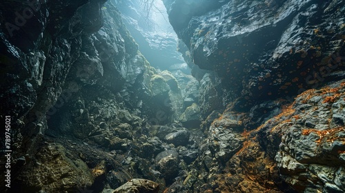 Dramatic Trench Carved Through Rugged Moody Landscape Offers Mysterious Adventurous photo