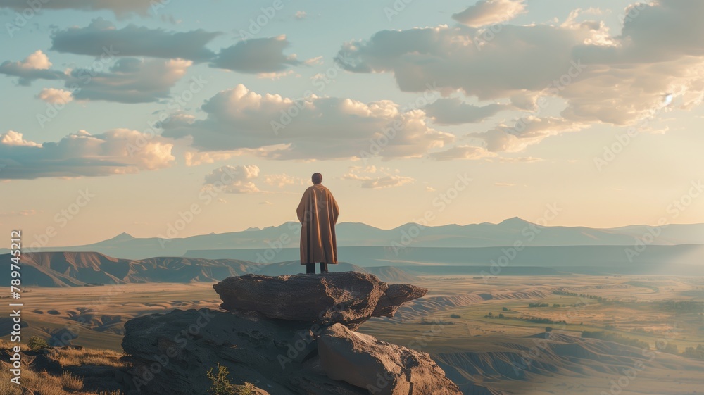 Person standing on rock overlooking vast landscape at sunrise/sunset