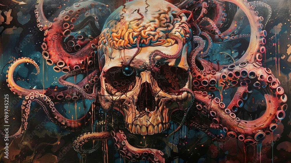 Obraz premium A skull with a melting brain, tentacles and unblinking eyes intertwining in a tapestry of thought